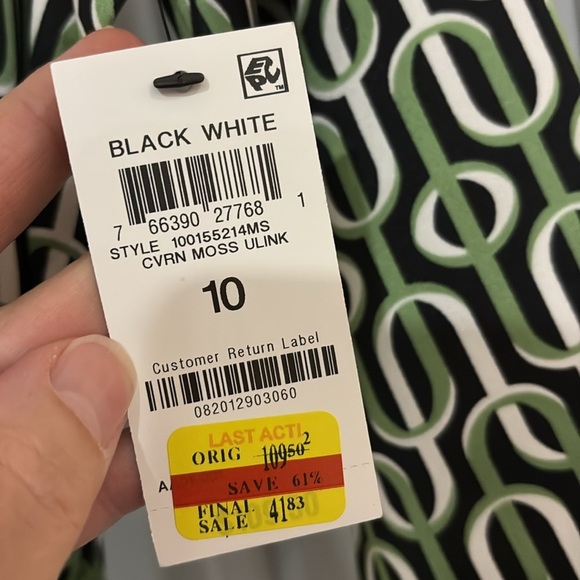 Alfani Wrap Midi Dress NWT. Size 10.  Satin soft. Green, black, white geometric - Picture 3 of 7